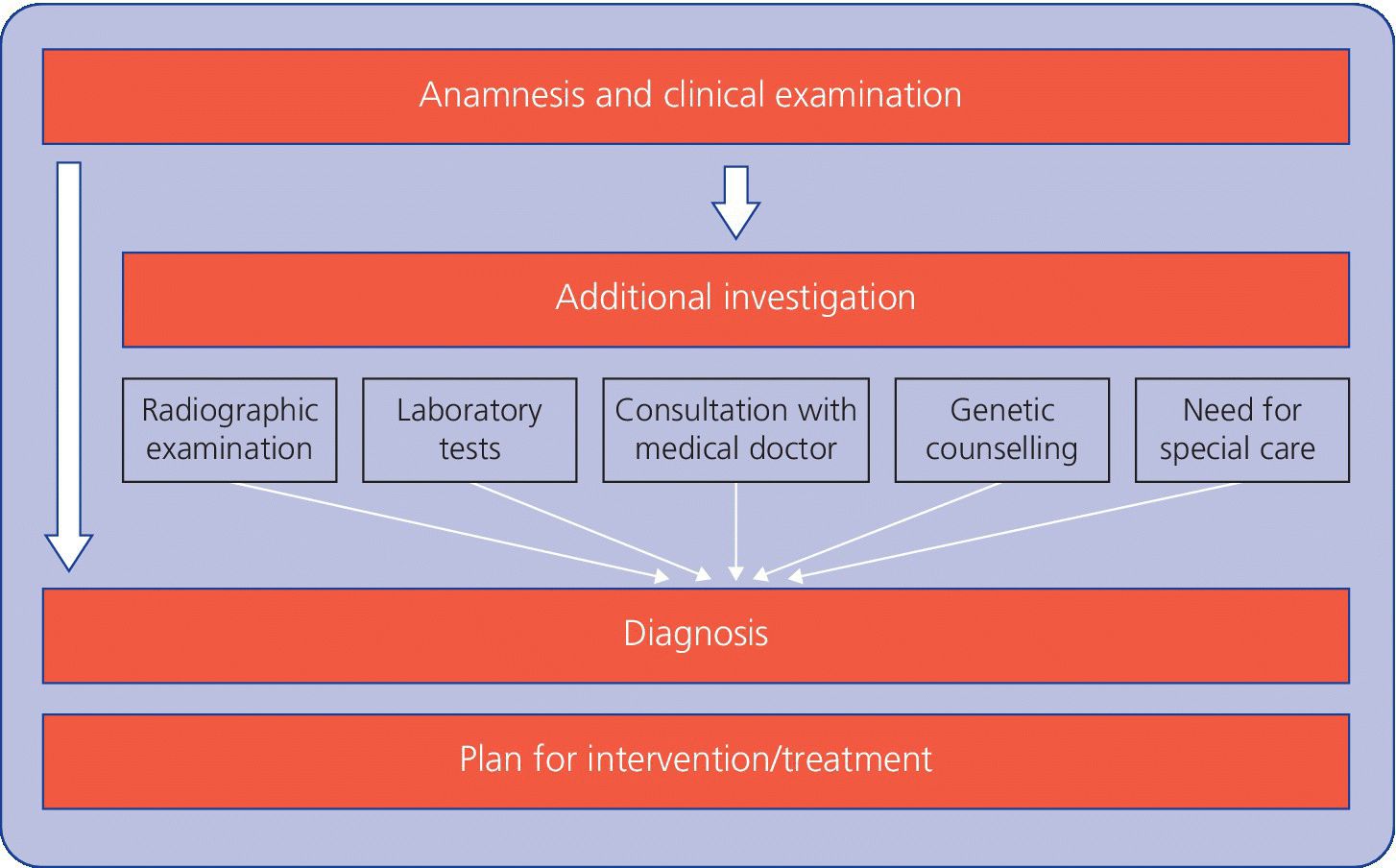 Flowchart illustrating the full procedure of anamnesis, clinical examination, and suggestions for additional tests and information.