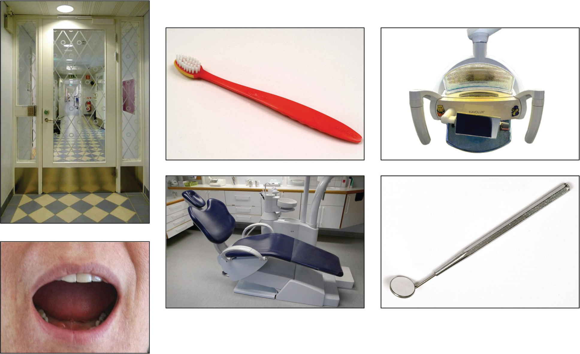 Clockwise: Photos of the entrance, a toothbrush, the operatory light, a mirror, the dental chair, and an open mouth (symbolizing “open your mouth”).
