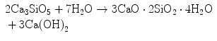 
$$ \begin{array}{l}2{\mathrm{Ca}}_3{\mathrm{SiO}}_5+7{\mathrm{H}}_2\mathrm{O}\to 3\mathrm{Ca}\mathrm{O}\cdot 2{\mathrm{SiO}}_2\cdot 4{\mathrm{H}}_2\mathrm{O}\\ {}+3\mathrm{Ca}{\left(\mathrm{OH}\right)}_2\end{array} $$
