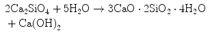 
$$ \begin{array}{l}2{\mathrm{Ca}}_2{\mathrm{SiO}}_4+5{\mathrm{H}}_2\mathrm{O}\to 3\mathrm{CaO}\cdot 2{\mathrm{SiO}}_2\cdot 4{\mathrm{H}}_2\mathrm{O}\\ {}+\mathrm{Ca}{\left(\mathrm{OH}\right)}_2\end{array} $$
