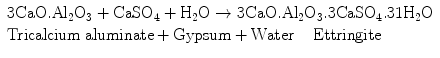 
$$ \begin{array}{l}3\mathrm{CaO}.{\mathrm{Al}}_2{\mathrm{O}}_3+{\mathrm{CaSO}}_4+{\mathrm{H}}_2\mathrm{O}\to 3\mathrm{CaO}.{\mathrm{Al}}_2{\mathrm{O}}_3.3{\mathrm{CaSO}}_4.31{\mathrm{H}}_2\mathrm{O}\hfill \\ {}\mathrm{Tricalcium}\;\mathrm{aluminate}+\mathrm{Gypsum}+\mathrm{Water}\kern1.24em \mathrm{Ettringite}\hfill \end{array} $$
