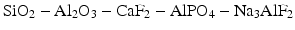 
$$ {\mathrm{SiO}}_2-{\mathrm{Al}}_2{\mathrm{O}}_3-{\mathrm{CaF}}_2-{\mathrm{Al}\mathrm{PO}}_4-{\mathrm{Na}}_3{\mathrm{Al}\mathrm{F}}_2 $$
