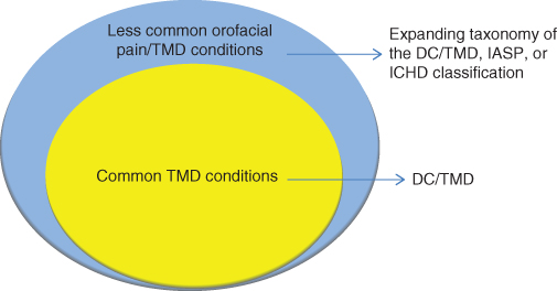 Illustration of Orofacial pain and TMD conditions and the application of different diagnostic classifications.