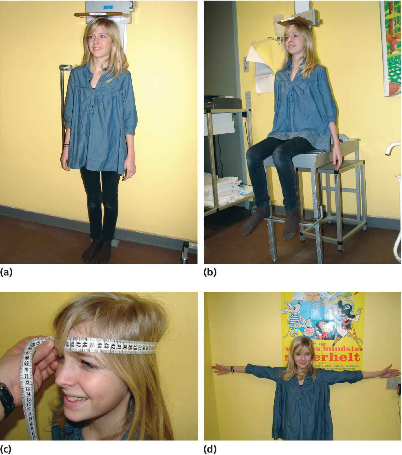 Photos of a girl standing (a), sitting by a wall-mounted stadiometer (b), with measuring tape around her head held by a hand (c), and spreading her arms to the side (d).