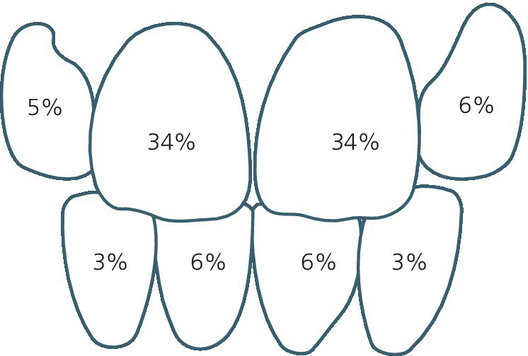 Line drawing illustrating distribution of injuries of the most frequently injured permanent teeth: 97% of all injuries affected the incisors.