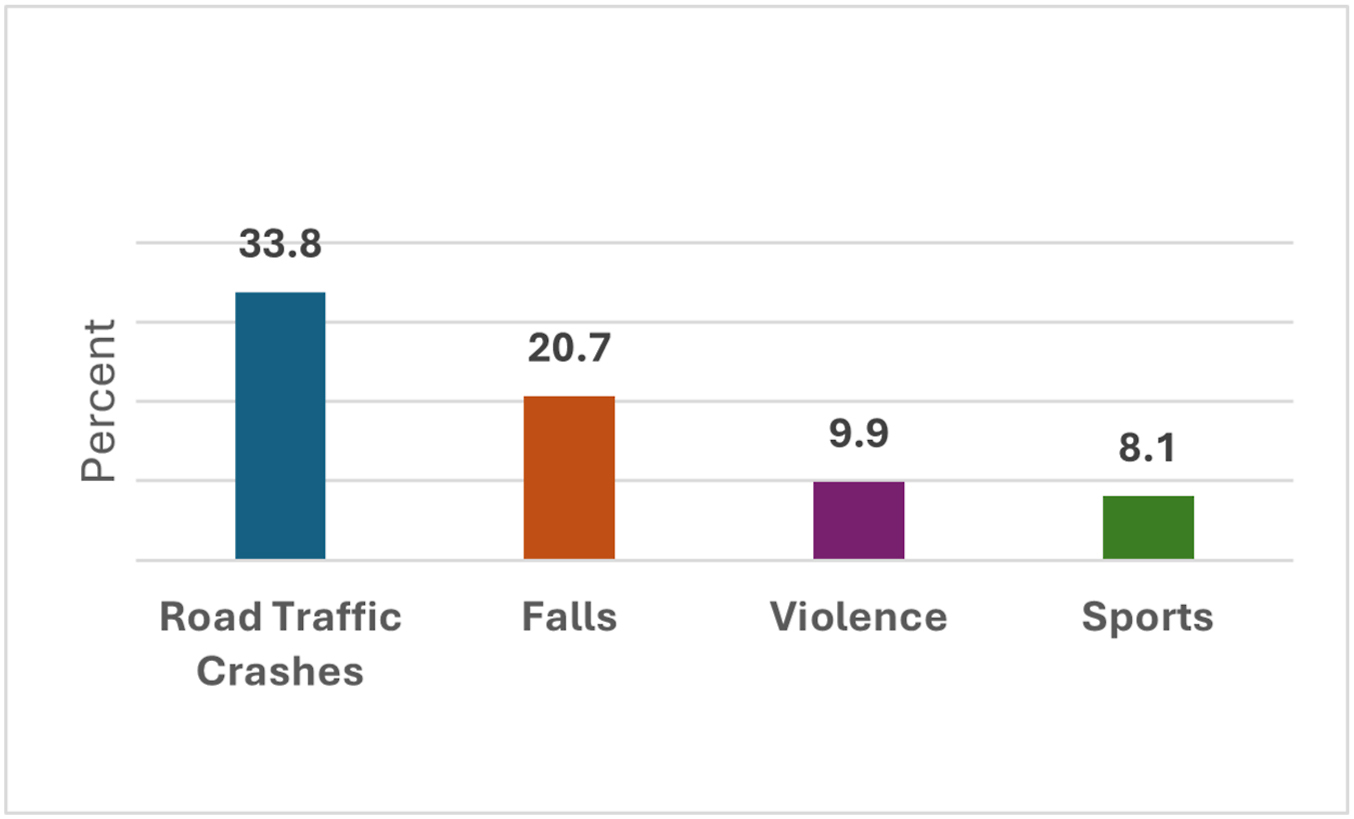 A bar chart illustrates the global etiology of facial trauma in children and adolescents, showing road traffic crashes as the most common cause, followed by falls, violence, and sports.