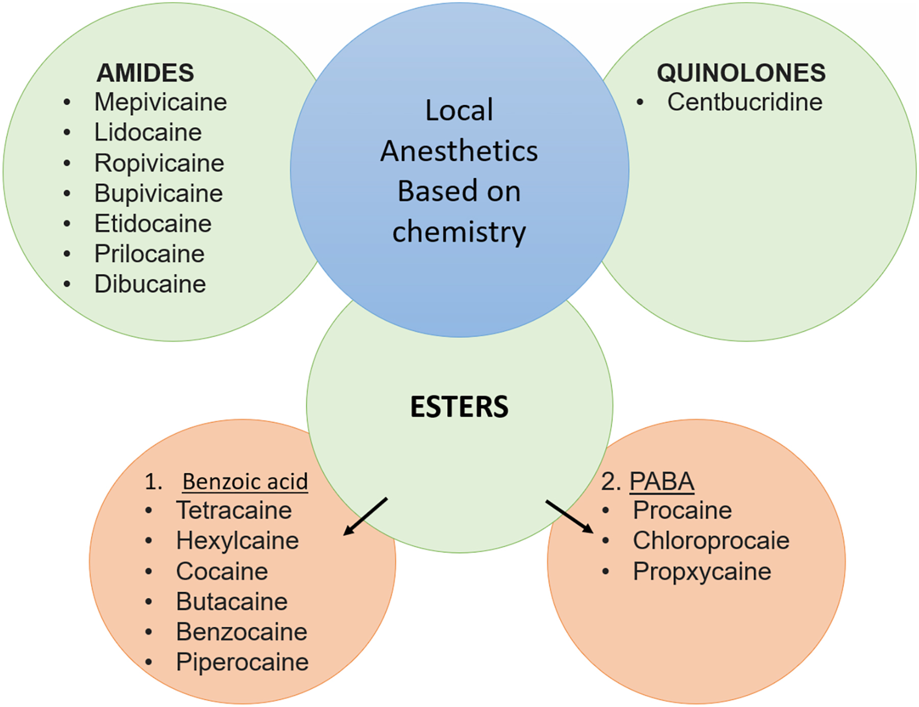 A chart of local anesthetics based on chemistry, which categorize them into amides, esters under benzoic acid and para aminobenzoic acid, and quinolones.