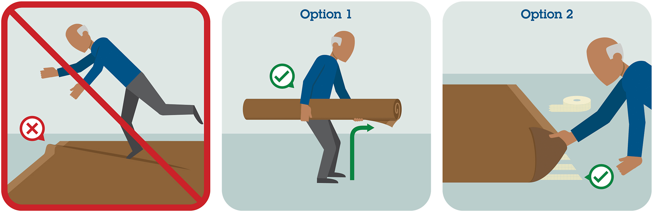 An illustration provides fall prevention advice by showing three scenarios for managing loose rugs to reduce tripping hazards for older adults.