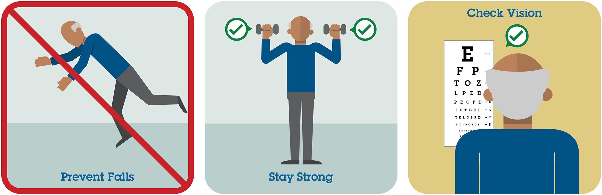 An instructional illustration highlights two proactive measures for fall prevention among older adults: maintaining physical strength through exercise and regularly checking vision.
