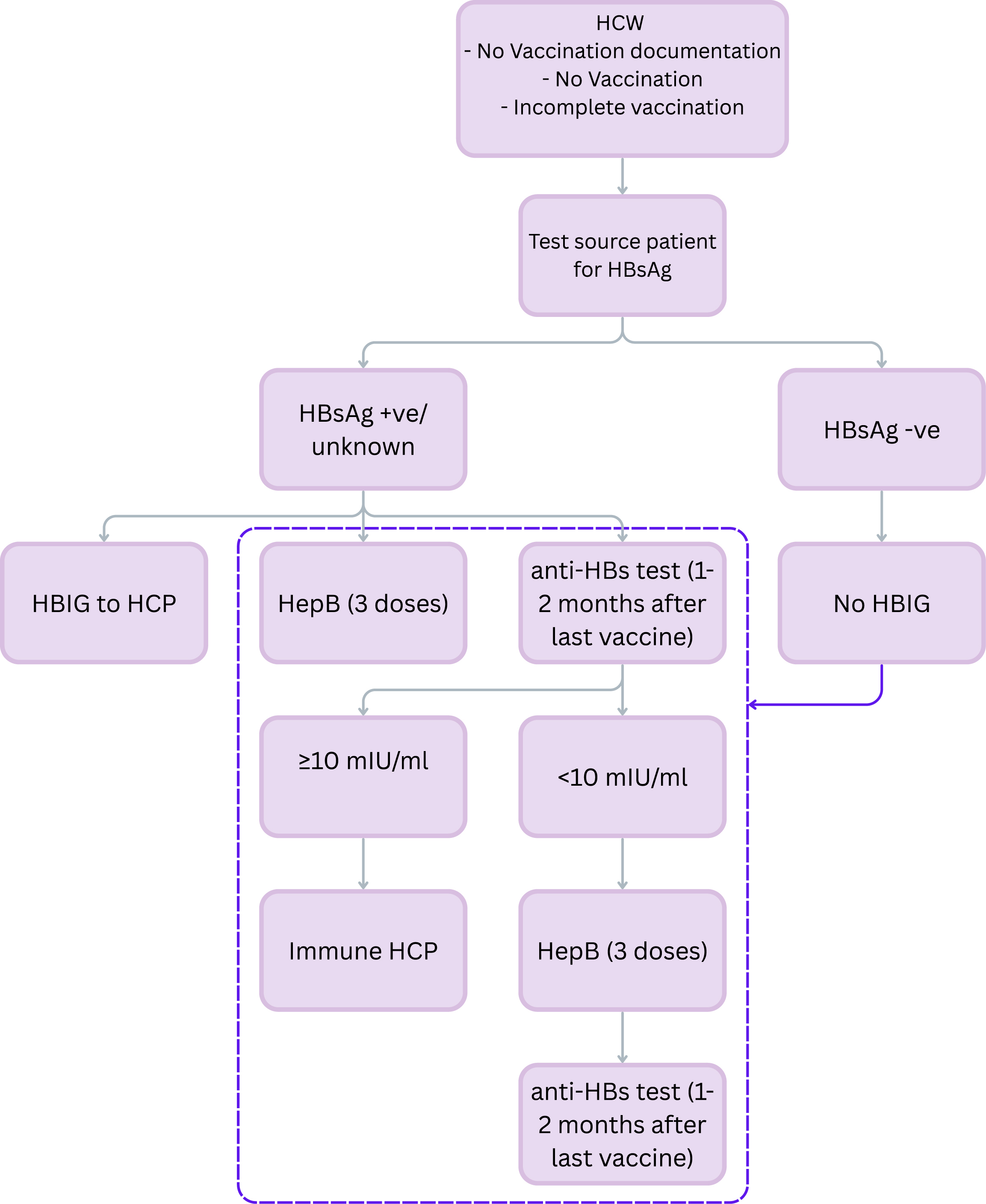 A flowchart depicts the management of healthcare workers with no vaccination documentation, no vaccination, or incomplete vaccination for Hepatitis B.