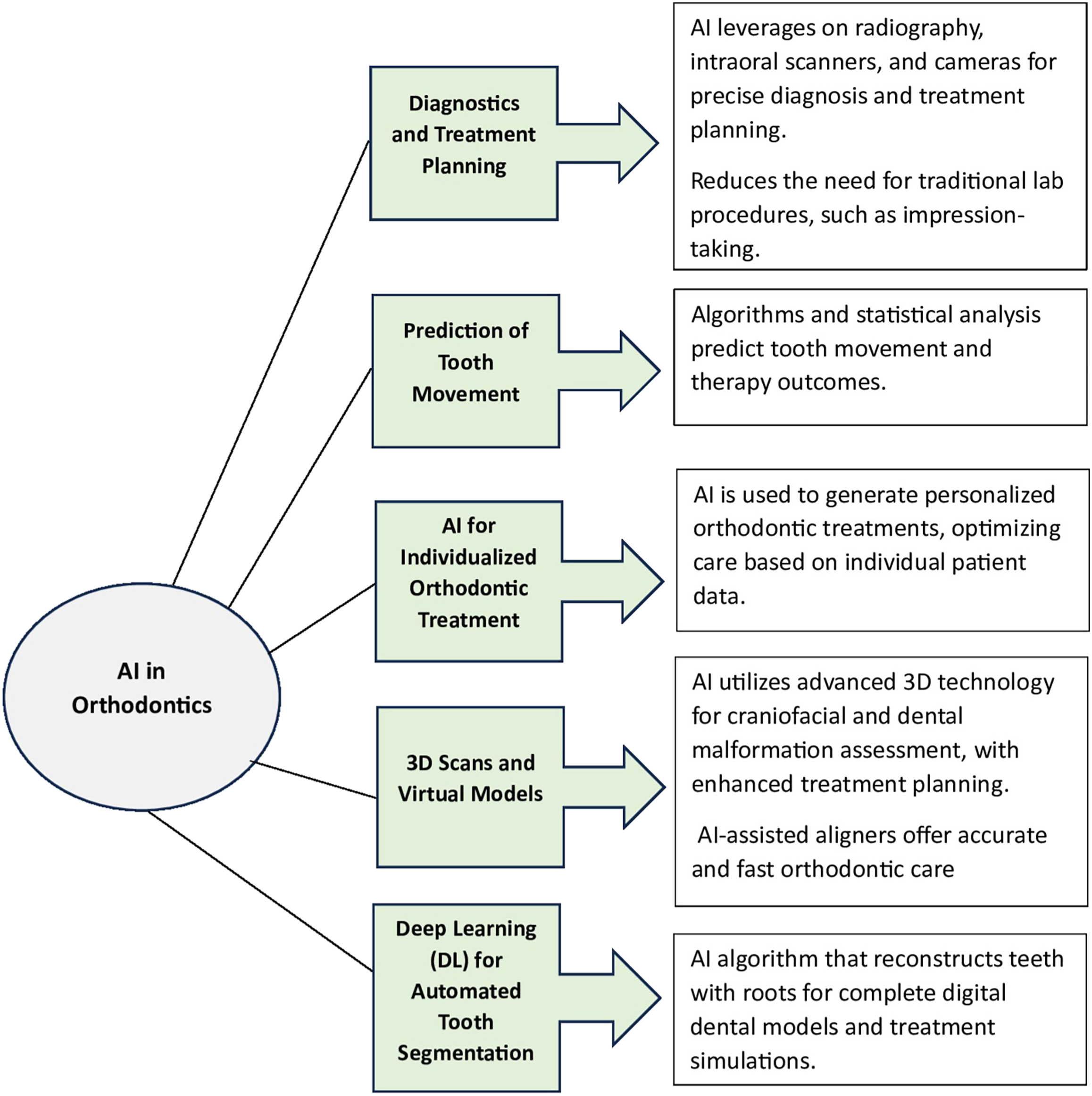 A flowchart depicts artificial intelligence in orthodontics, diagnostics and treatment, prediction of tooth movement, and individualized orthodontic treatment.