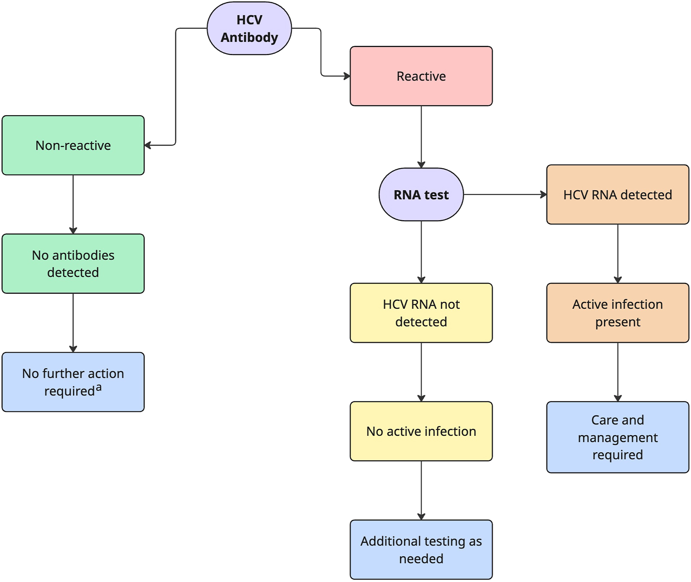 A flowchart depicts the hepatitis C virus antibody test algorithm. It begins with a hepatitis C virus antibody test, which leads to reactive or non reactive results.