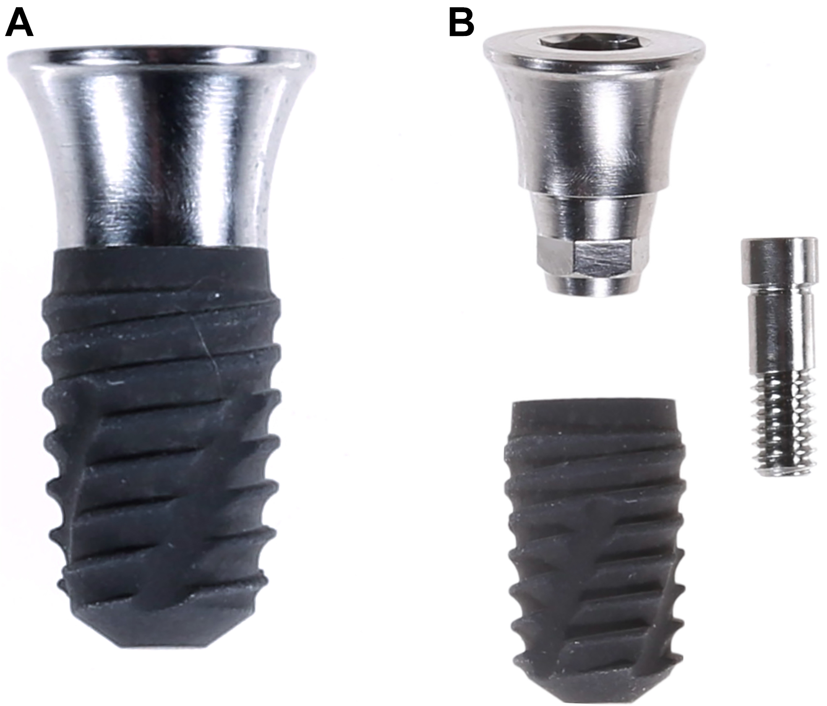 Two photos of a sinus stabilizer abutment show the abutment connected to a dental implant, an implant body, and an internal screw displayed separately.